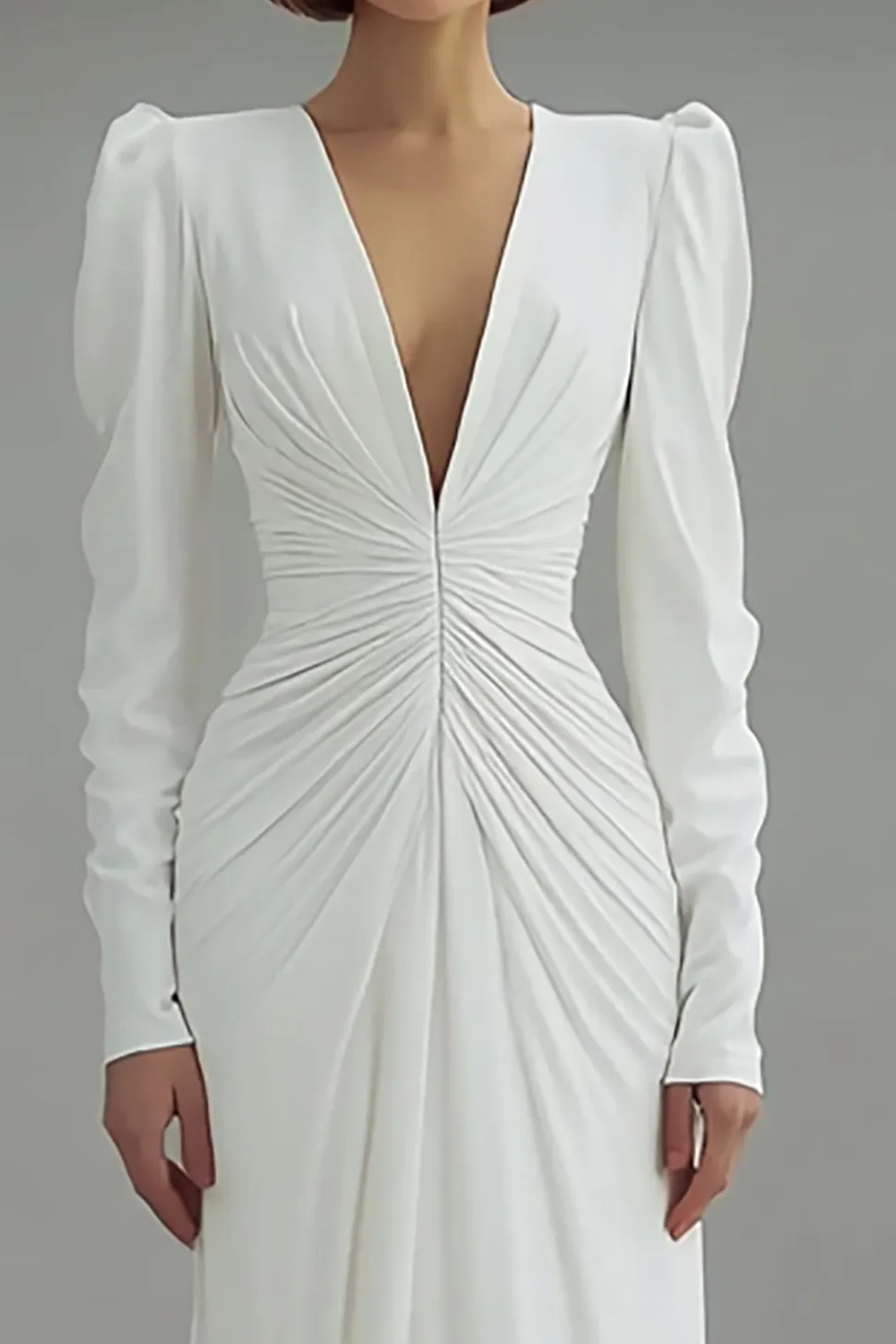 Marfim V-Neck Ruched Bainha Vestido de Noiva Manga Longa
