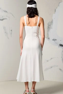 Marfim V-Neck Ruched Weding Guest Dress com fenda