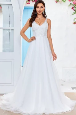 Marfim V-Neck Tule Varredura Trem Uma Linha Vestido de Noiva com Renda