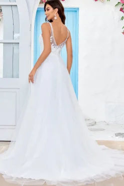 Marfim V-Neck Tule Varredura Trem Uma Linha Vestido de Noiva com Renda