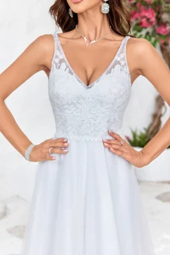 Marfim V-Neck Tule Varredura Trem Uma Linha Vestido de Noiva com Renda