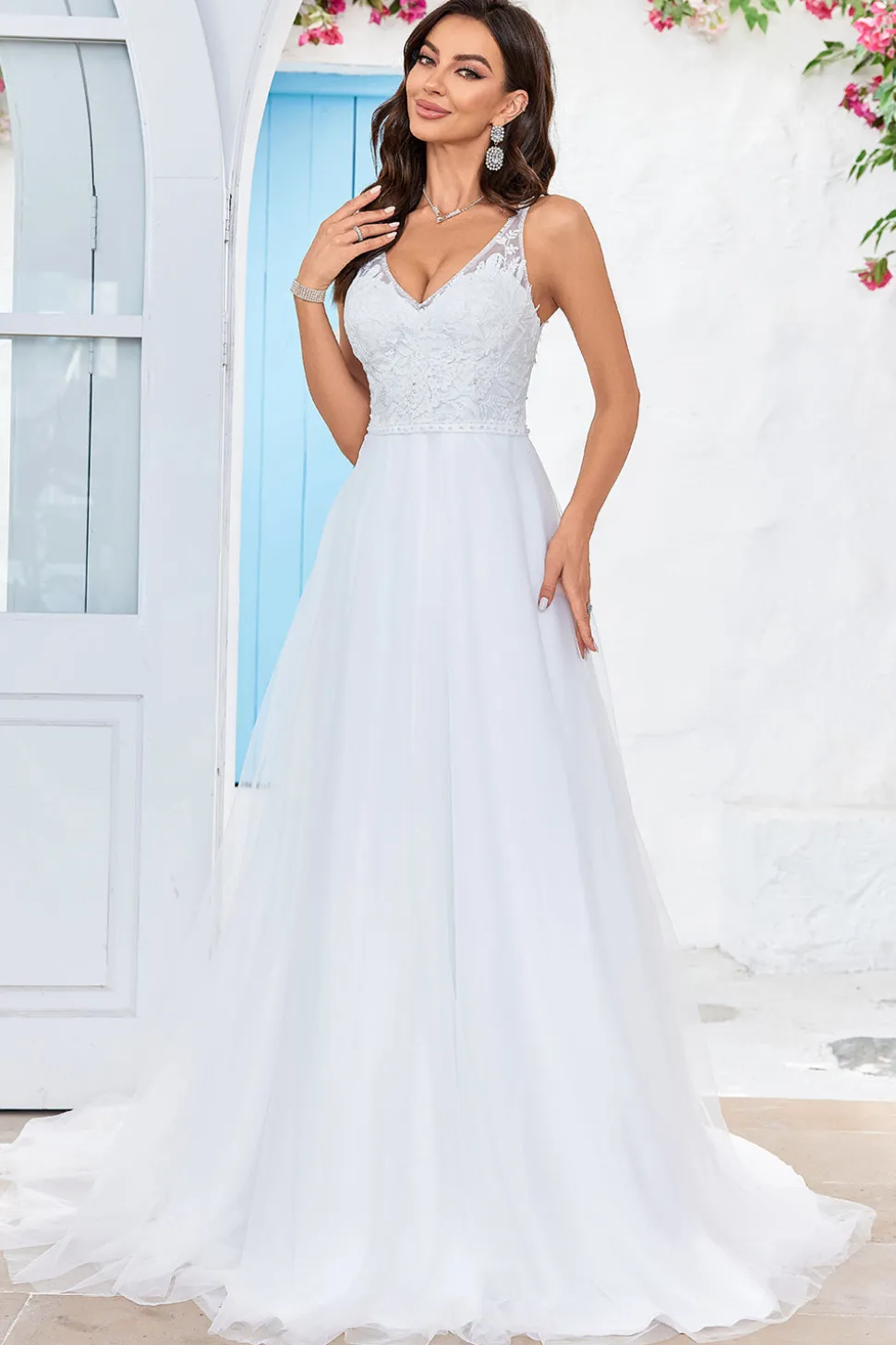 Marfim V-Neck Tule Varredura Trem Uma Linha Vestido de Noiva com Renda