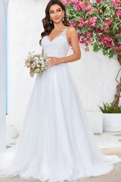 Marfim V-Neck Tule Varredura Trem Uma Linha Vestido de Noiva com Renda
