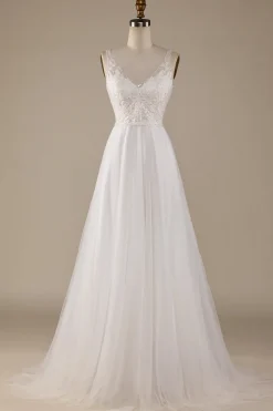 Marfim V-Neck Tule Varredura Trem Vestido de Noiva com Renda