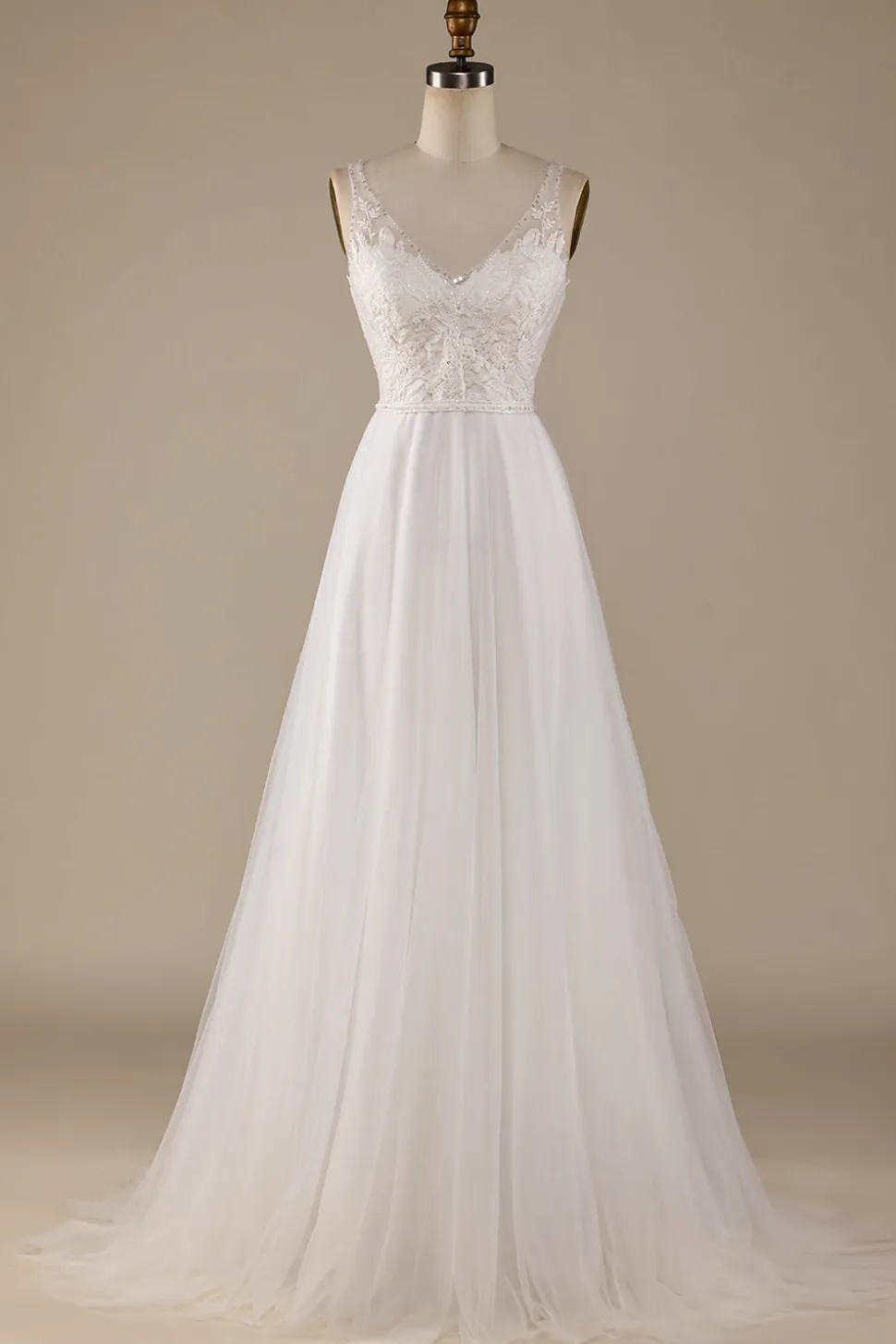 Marfim V-Neck Tule Varredura Trem Vestido de Noiva com Renda