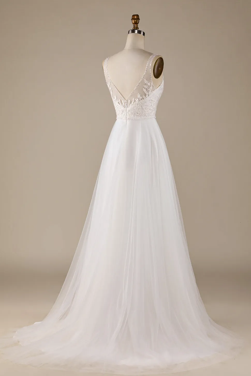 Marfim V-Neck Tule Varredura Trem Vestido de Noiva com Renda
