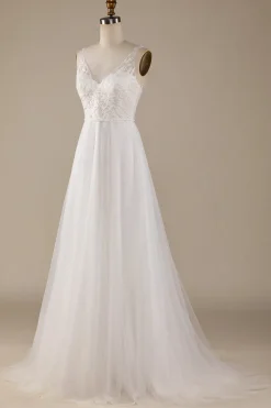 Marfim V-Neck Tule Varredura Trem Vestido de Noiva com Renda