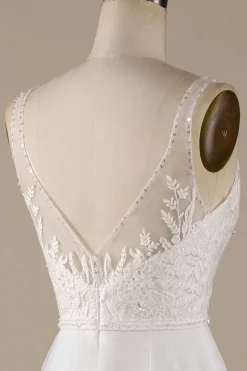 Marfim V-Neck Tule Varredura Trem Vestido de Noiva com Renda