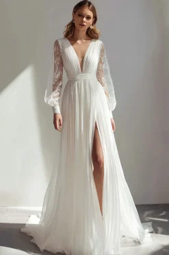 Marfim V-Neck Uma linha de mangas longas vestido de noiva com fenda