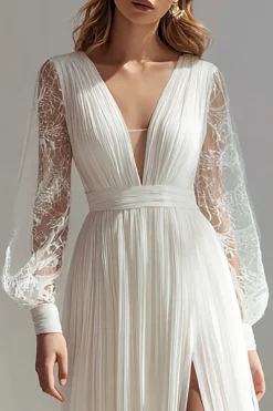 Marfim V-Neck Uma linha de mangas longas vestido de noiva com fenda
