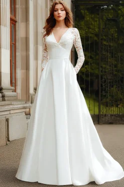 Marfim V-Neck Uma linha de mangas longas vestido de noiva com renda