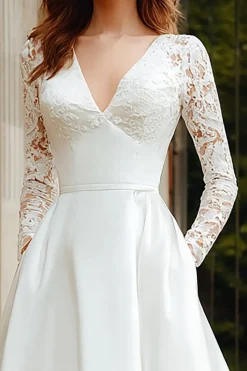 Marfim V-Neck Uma linha de mangas longas vestido de noiva com renda