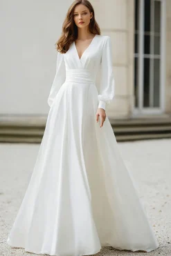 Marfim V-Neck Uma Linha Mangas Longas Vestido de Noiva