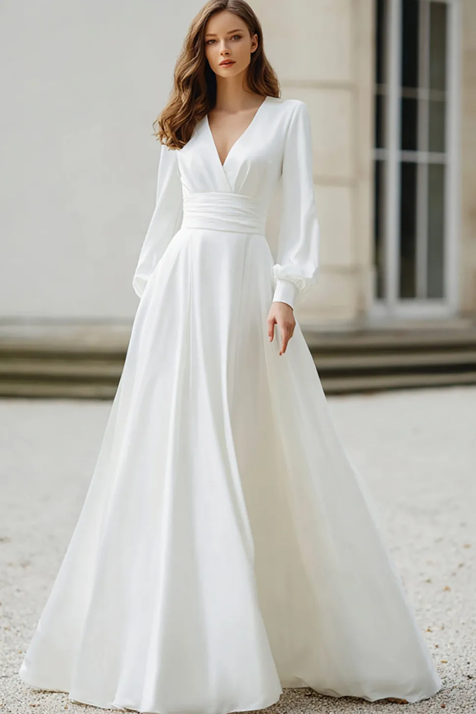 Marfim V-Neck Uma Linha Mangas Longas Vestido de Noiva