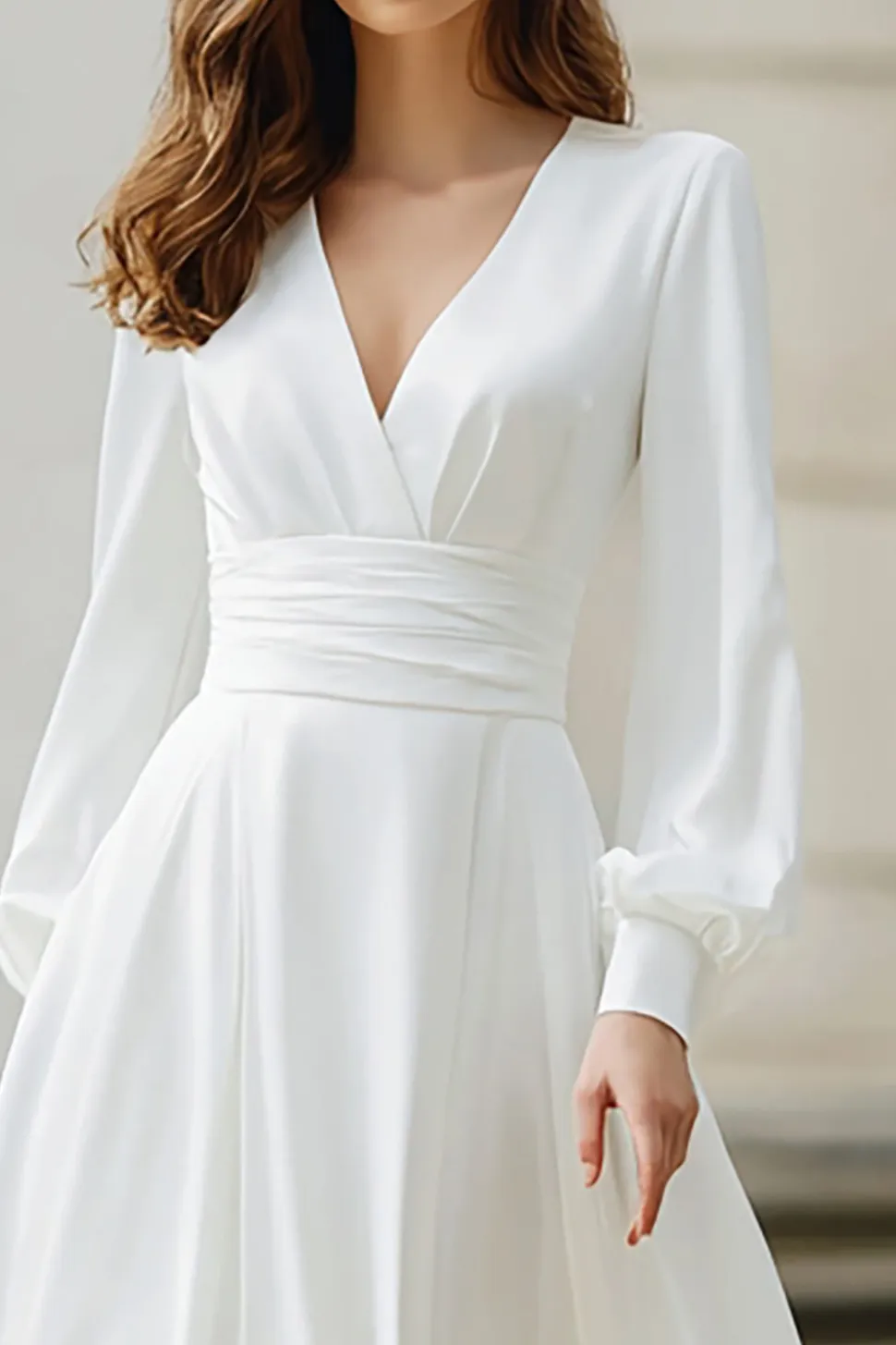 Marfim V-Neck Uma Linha Mangas Longas Vestido de Noiva