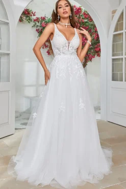 Marfim V-Neck varredura trem vestido de noiva com renda