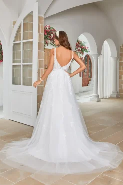 Marfim V-Neck varredura trem vestido de noiva com renda