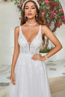 Marfim V-Neck varredura trem vestido de noiva com renda