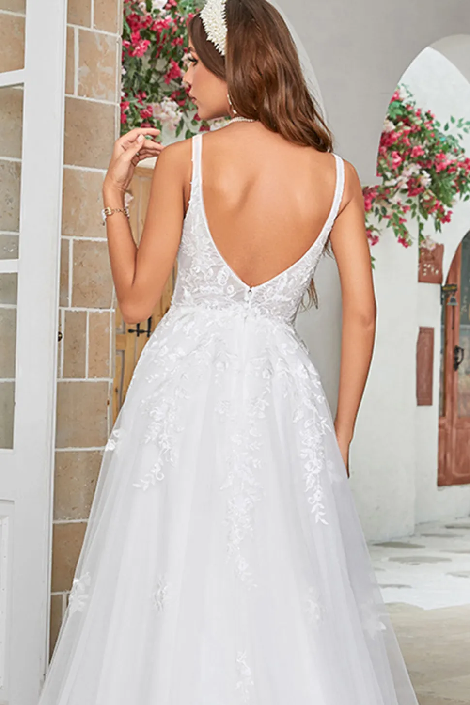 Marfim V-Neck varredura trem vestido de noiva com renda