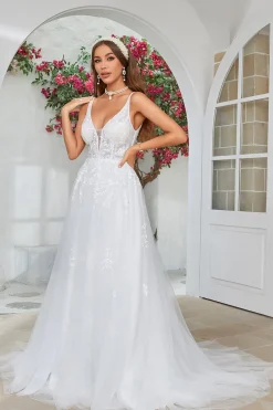 Marfim V-Neck varredura trem vestido de noiva com renda
