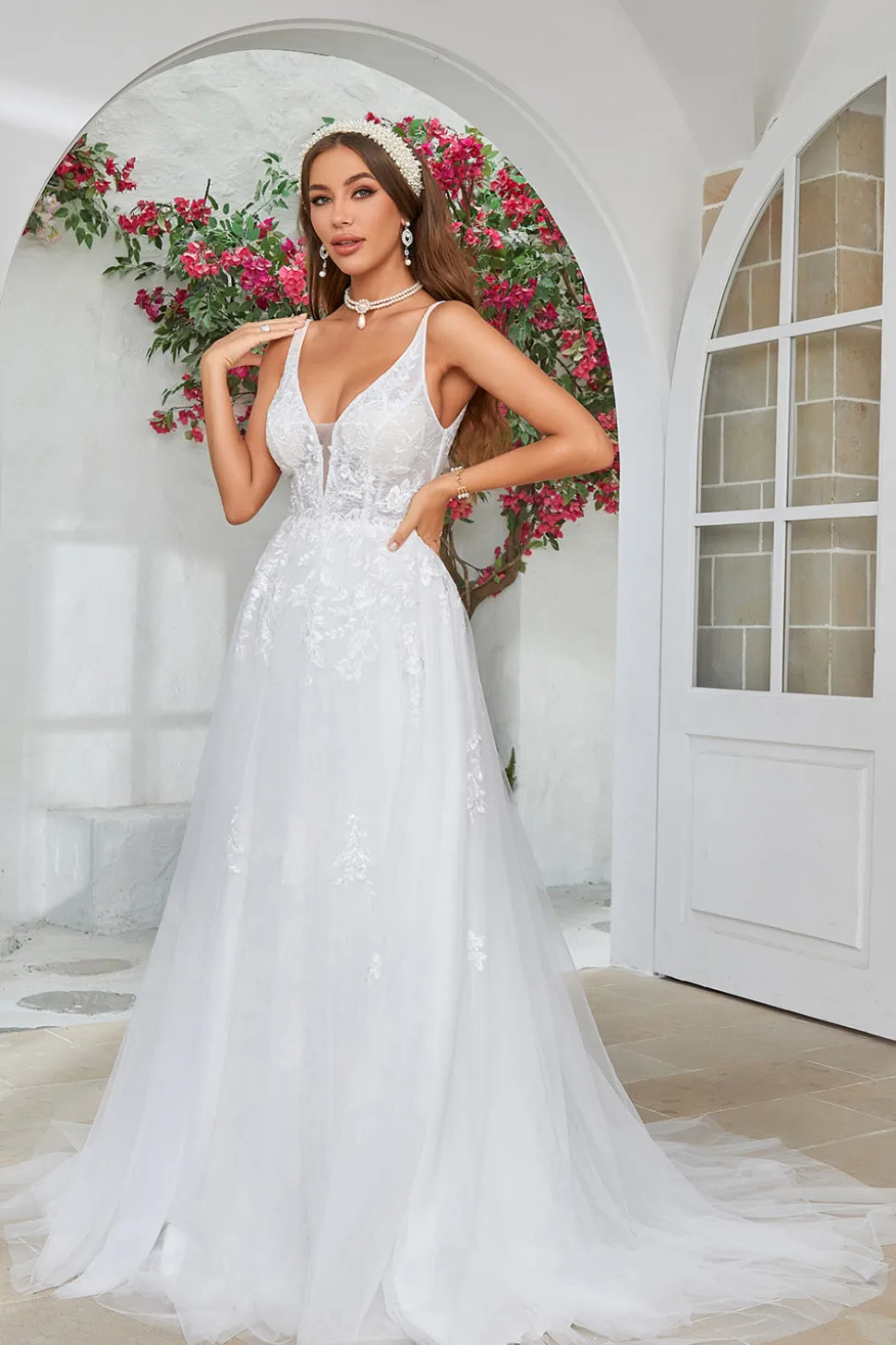 Marfim V-Neck varredura trem vestido de noiva com renda