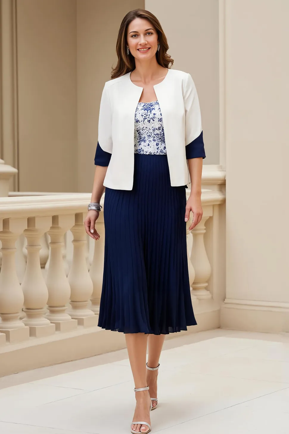 Marinha 2 Peça Stretch Satin Uma Linha Vestido de Noiva Convidado