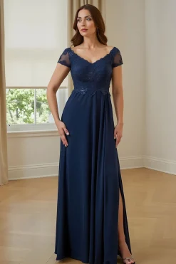 Marinha A Line Chiffon Appliqued Long Mother of the Bride Dress with Slit