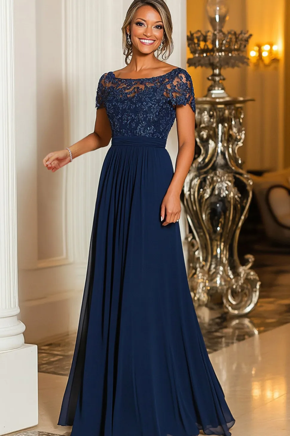 Marinha A-Line Boat Neck Lace Appliques Chiffon Long Mãe Do Vestido da Noiva com Mangas Curtas