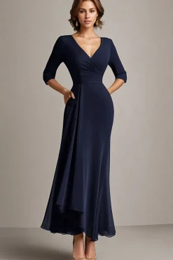 Marinha A-Line Chiffon V-Neck Long Mãe do Vestido da Noiva com Meias Mangas