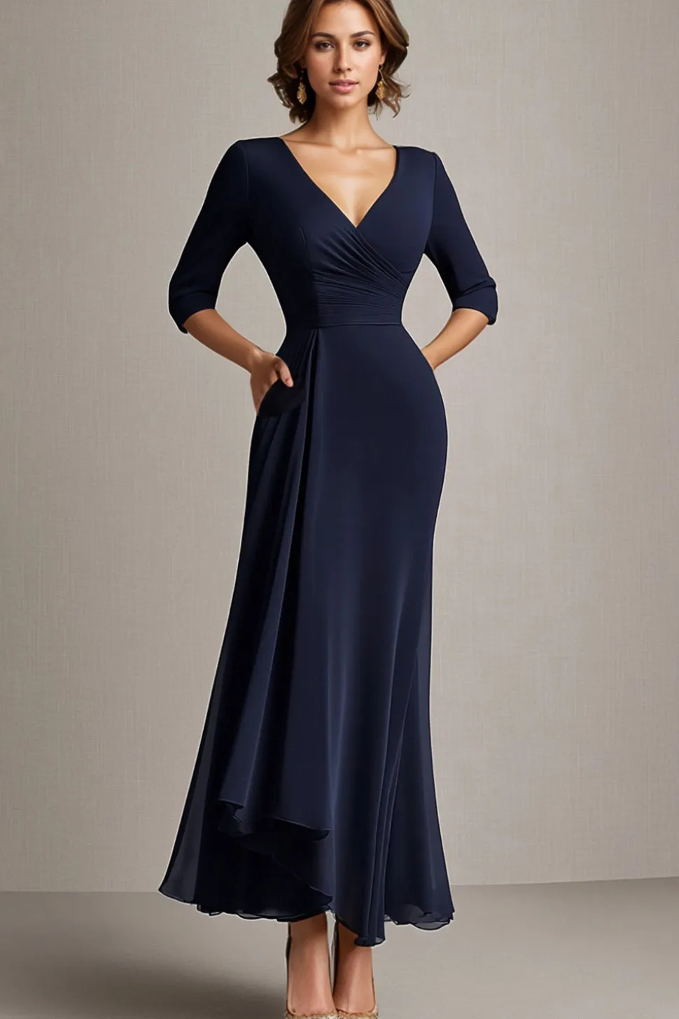 Marinha A-Line Chiffon V-Neck Long Mãe do Vestido da Noiva com Meias Mangas