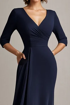 Marinha A-Line Chiffon V-Neck Long Mãe do Vestido da Noiva com Meias Mangas