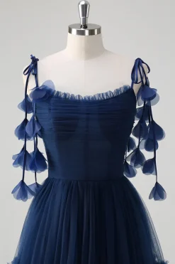 Marinha A-Line Esparguete Correias Flores Espartilho Folhos Tule Longo Vestido Madrinha