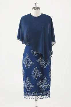 Marinha Applique Bainha Chá Comprimento Mãe do Vestido da Noiva com Wrap