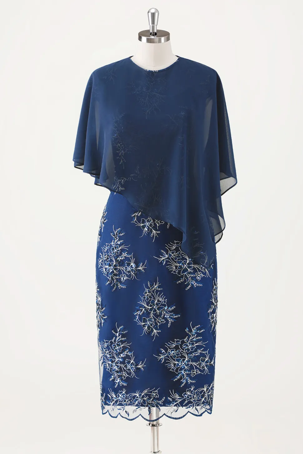 Marinha Applique Bainha Chá Comprimento Mãe do Vestido da Noiva com Wrap
