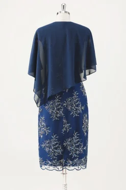 Marinha Applique Bainha Chá Comprimento Mãe do Vestido da Noiva com Wrap