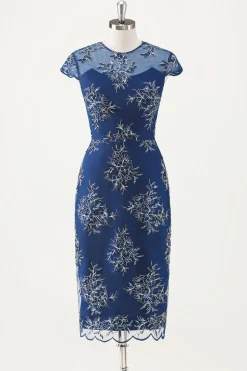 Marinha Applique Bainha Chá Comprimento Mãe do Vestido da Noiva com Wrap