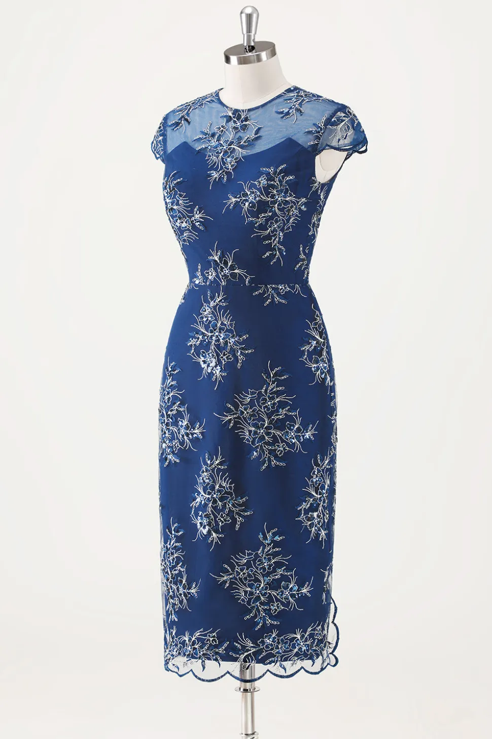 Marinha Applique Bainha Chá Comprimento Mãe do Vestido da Noiva com Wrap