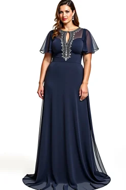 Marinha Bainha Chiffon Mangas Curtas Longo Vestido Mae Noiva