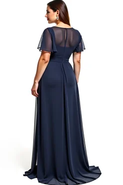 Marinha Bainha Chiffon Mangas Curtas Longo Vestido Mae Noiva
