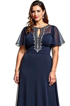 Marinha Bainha Chiffon Mangas Curtas Longo Vestido Mae Noiva