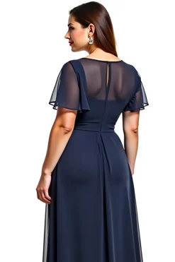 Marinha Bainha Chiffon Mangas Curtas Longo Vestido Mae Noiva