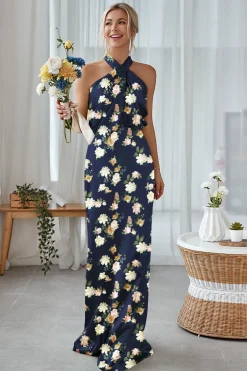 Marinha Bloom Bainha Halter Pescoço Cetim Long Vestido Madrinha
