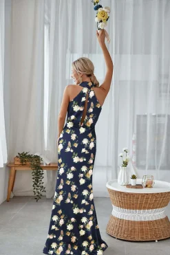 Marinha Bloom Bainha Halter Pescoço Cetim Long Vestido Madrinha