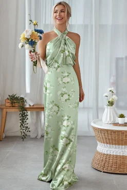 Marinha Bloom Bainha Halter Pescoço Cetim Long Vestido Madrinha
