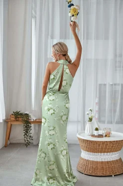 Marinha Bloom Bainha Halter Pescoço Cetim Long Vestido Madrinha