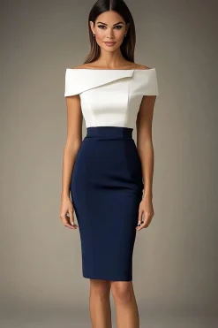 Marinha Branco Fora do Ombro Bodycon Midi Vestidos Cerimónia