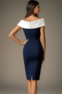 Marinha Branco Fora do Ombro Bodycon Midi Vestidos Cerimónia