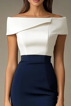 Marinha Branco Fora do Ombro Bodycon Midi Vestidos Cerimónia