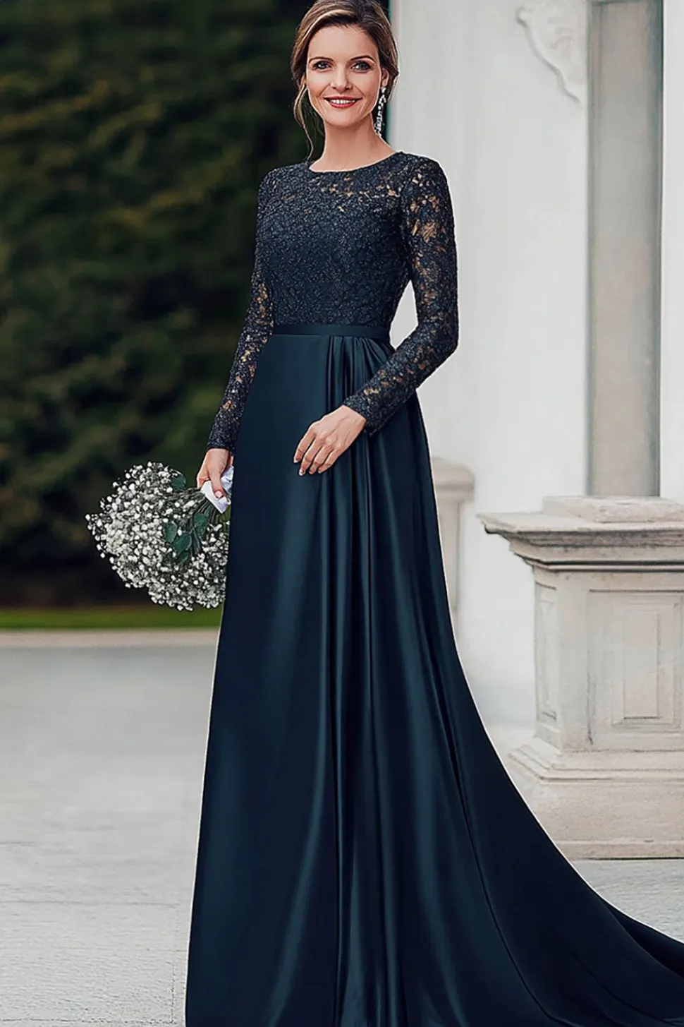 Marinha Cetim Renda Scoop Mãe do Vestido da Noiva com Mangas Longas