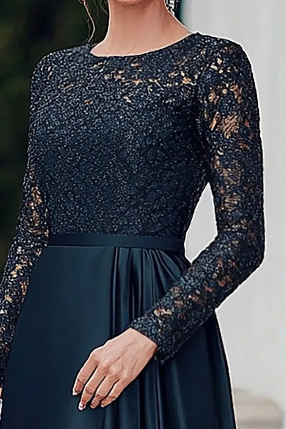 Marinha Cetim Renda Scoop Mãe do Vestido da Noiva com Mangas Longas
